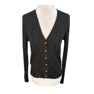 Mango Womens Cardigan Black Ribbed V-Neck Button Front Sweater Size Small New